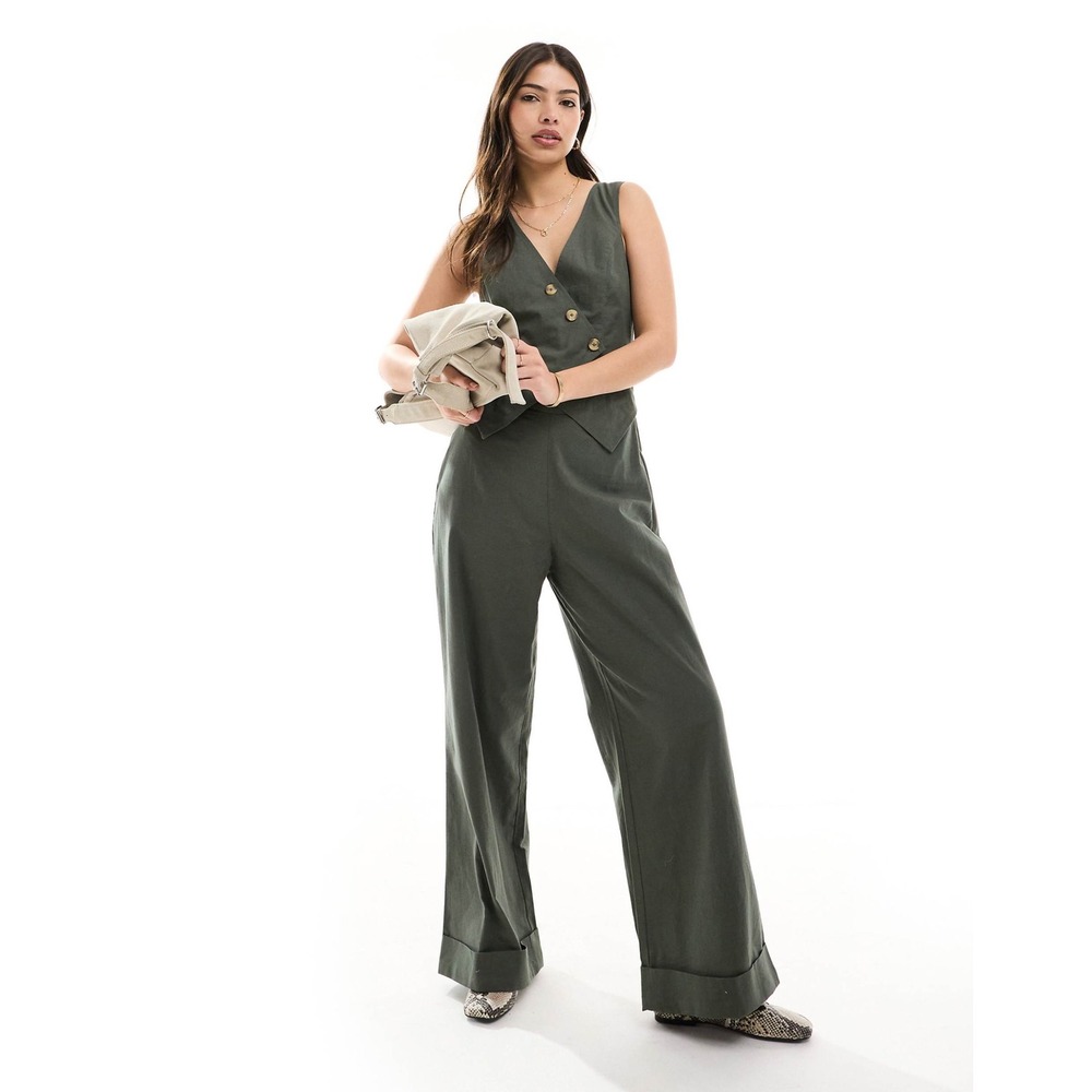 NWT ASOS DESIGN Khaki Green Asymmetric Vest 2 in 1 Wide Leg Jumpsuit US 14